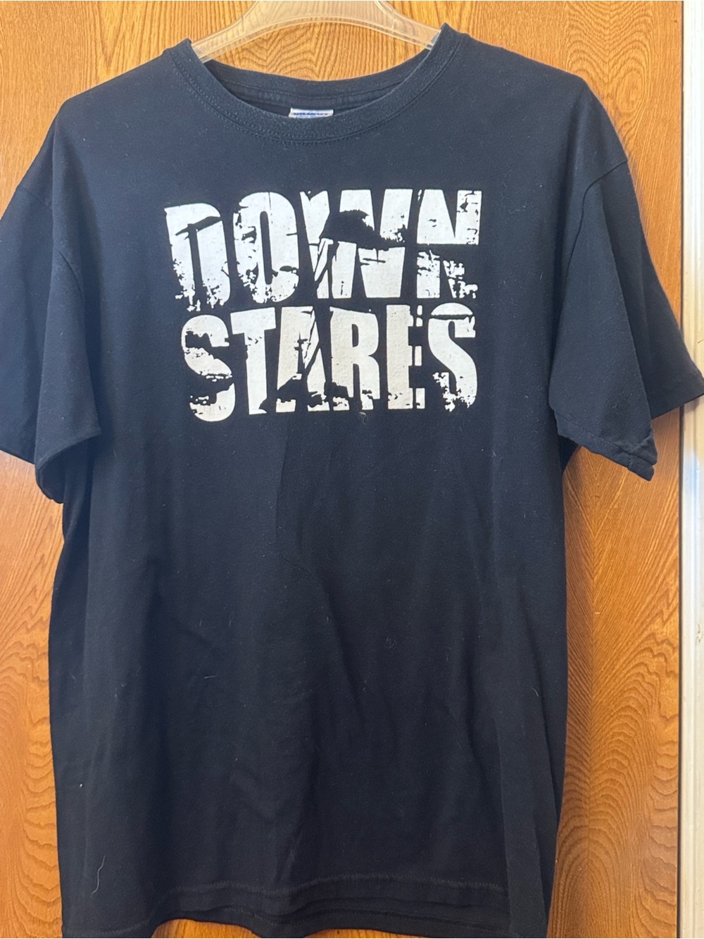 Gildan Black Short Sleeve Tee with White "DOWN STARES" Print